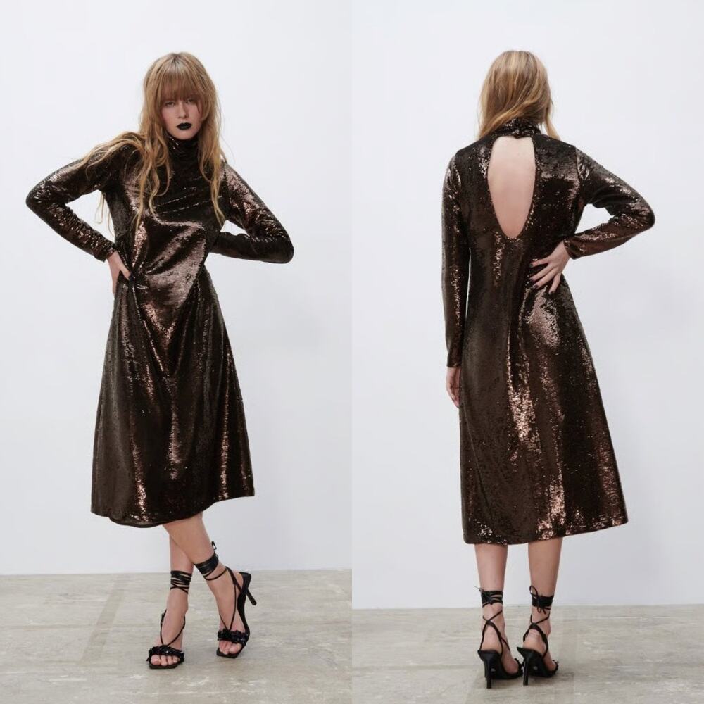 NWT Zara Sequin High Neck Open Back Metallic Midi Dress Size M